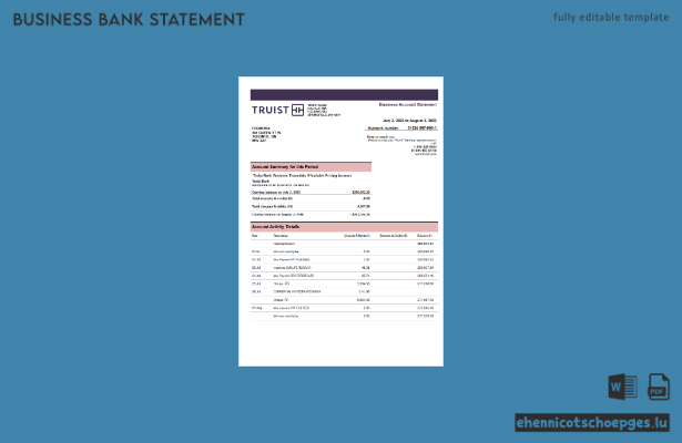 Truist Bank Firmenkontoauszug – Beispielansicht (Word und PDF)